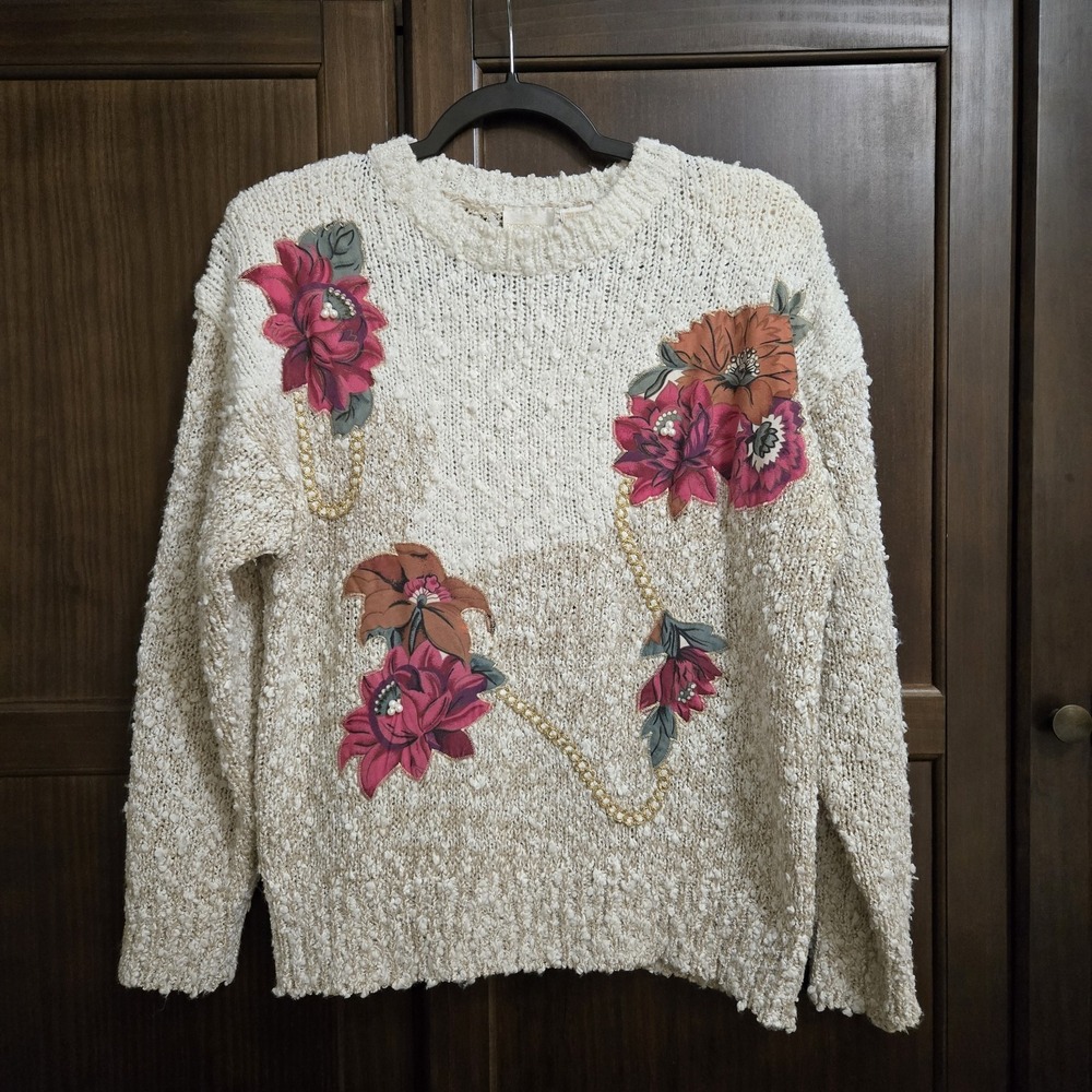 Needles & Yarn Vintage Popcorn Knit Floral Applique Sweater Pearl Accents Medium